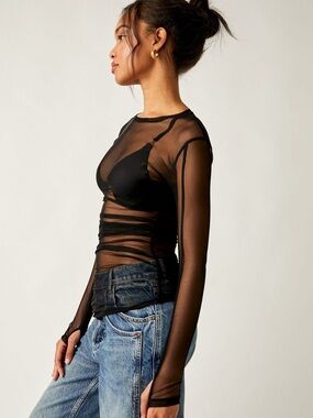 Free People Black "Last Layer" Sheer Long-Sleeve Mesh Top